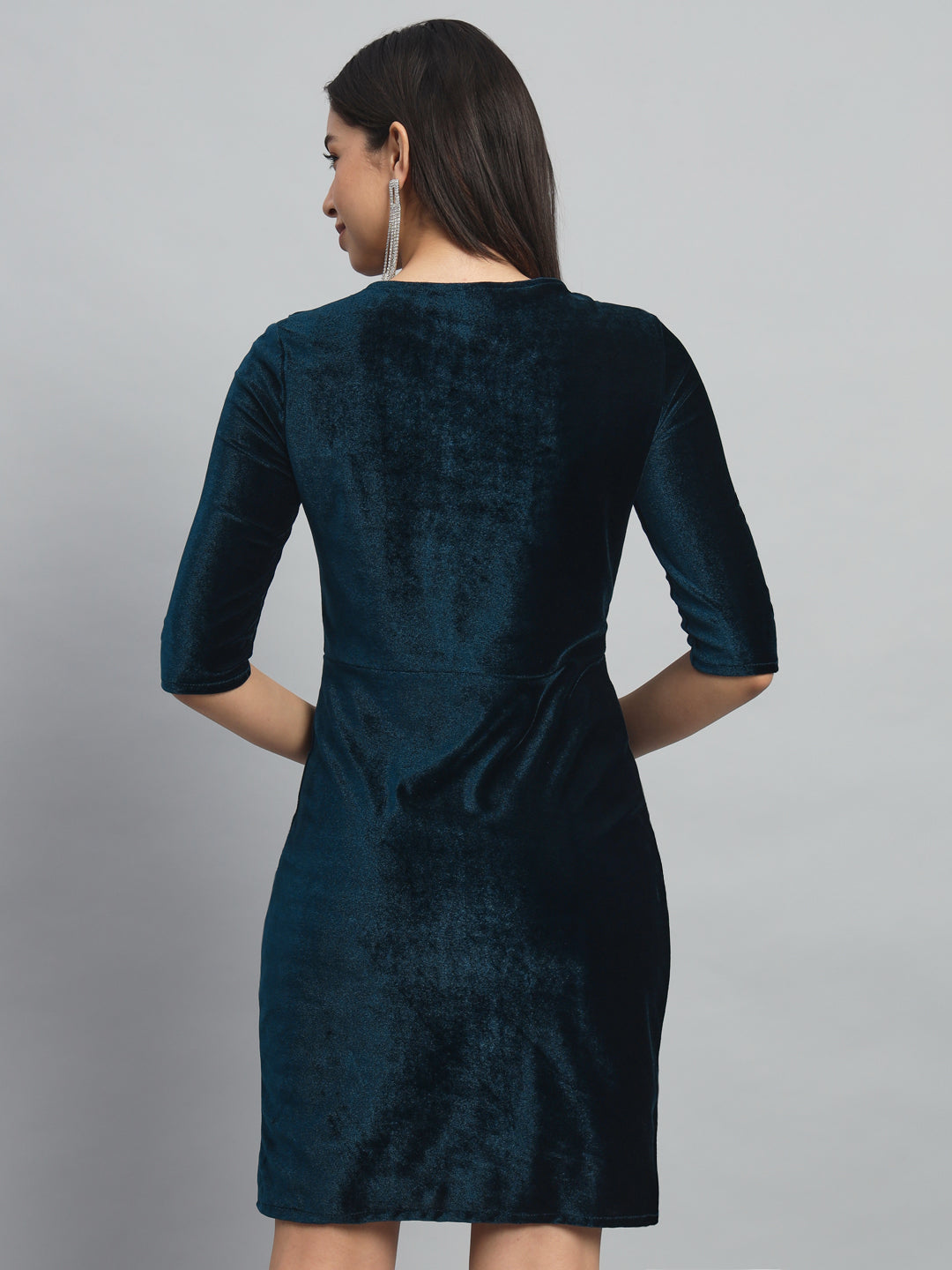 V-Neck Ruffles Detail Velvet Sheath Dress