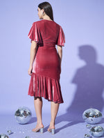 Women Flared Sleeves Velvet Drop-Waist Midi Dress With Ruffles Details