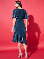 Women Flared Sleeves Velvet Drop-Waist Midi Dress With Ruffles Details