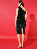 Vaararo Velvet One-Shoulder Bodycon Dress for Women | Sleeveless Partywear Outfit with Draped Detailing