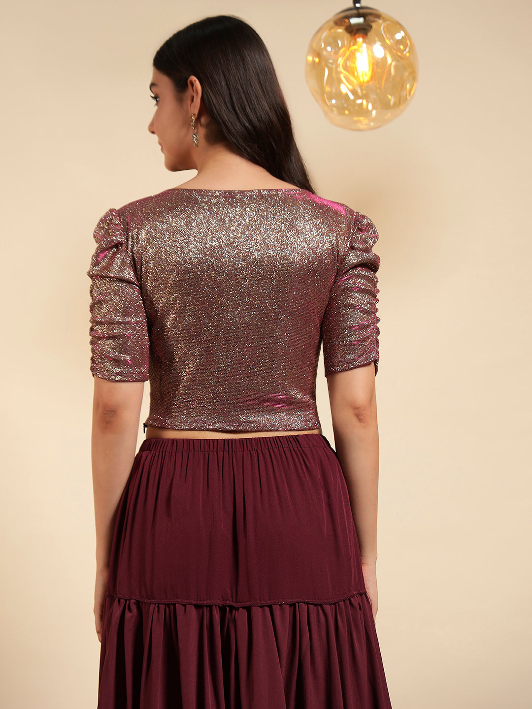 Metallic Shimmer Ruched Sleeve Top