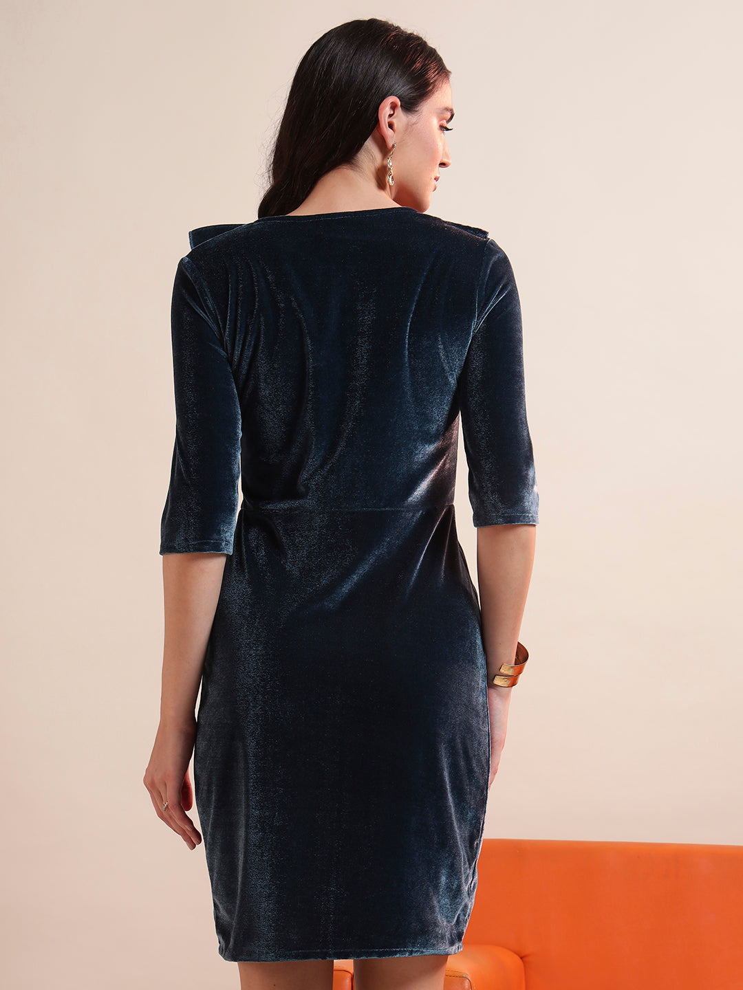 V-Neck Ruffles Detail Velvet Sheath Dress