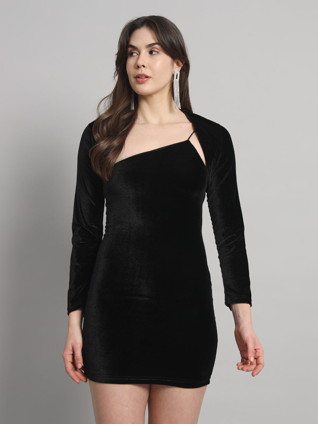 Asymmetrical Neckline & Detachable Sleeve Design Velvet Co-Ord Dress