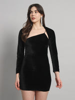 Asymmetrical Neckline & Detachable Sleeve Design Velvet Co-Ord Dress