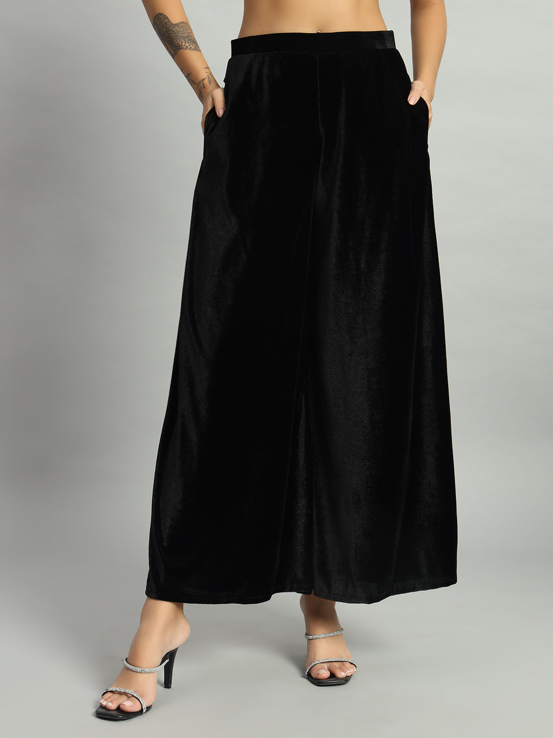 Women Velvet Wide Leg Palazzos Black