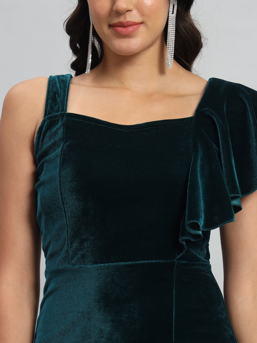 Shoulder Straps Velvet Ruffles Bodycon Midi Dress