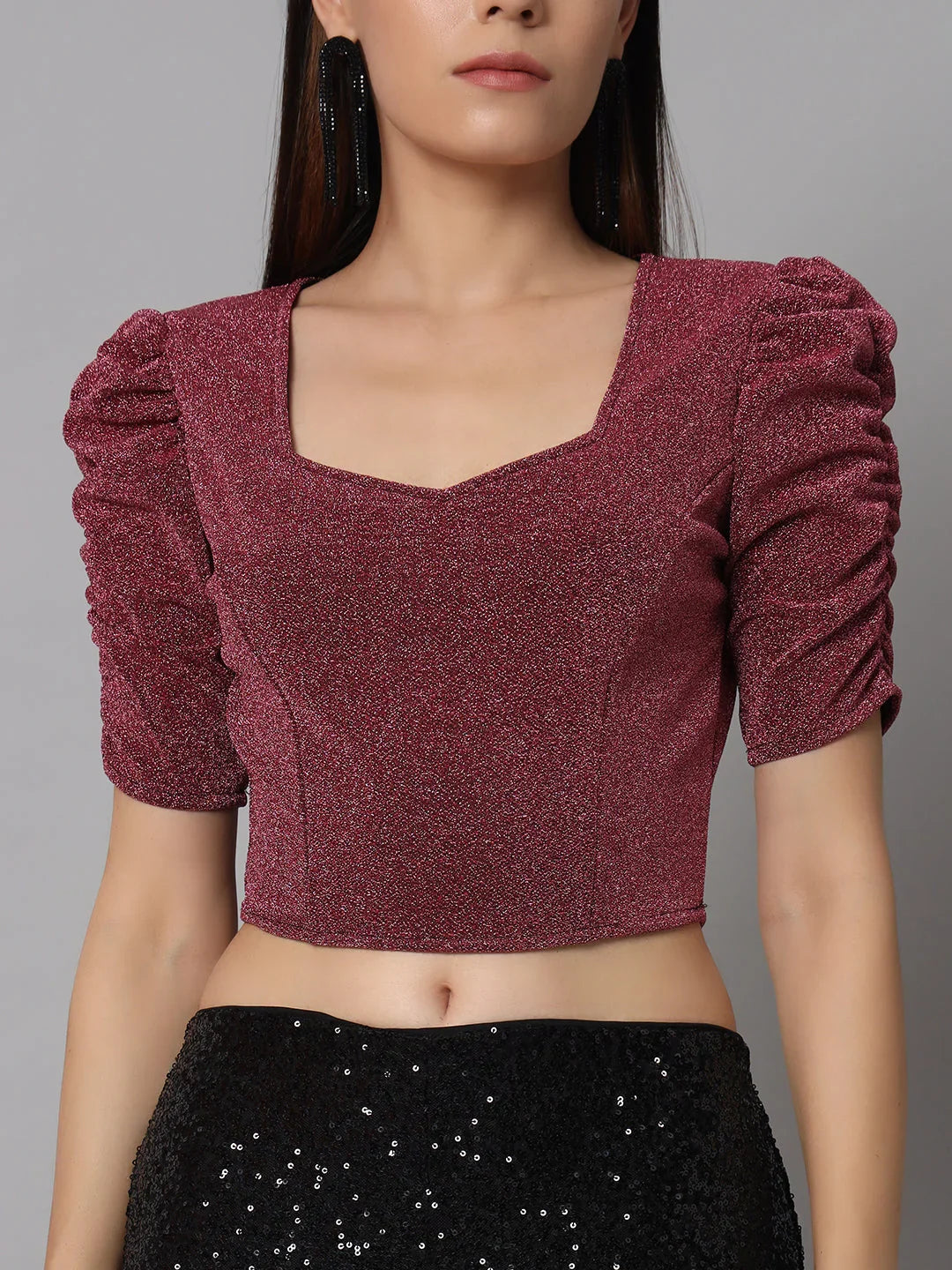 Lycra Party Puff Sleeves Shiny Readymade Blouse