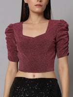 Lycra Party Puff Sleeves Shiny Readymade Blouse