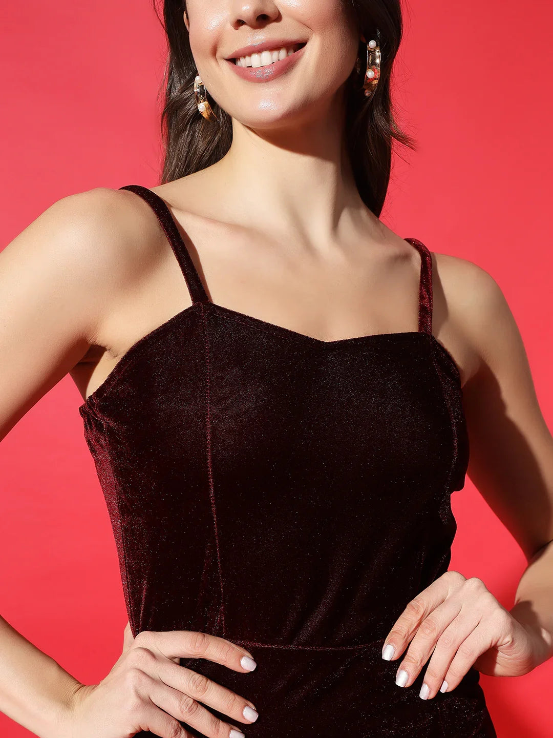 Vaararo Velvet Bodycon Party Dress for Women | Sleeveless Thigh-Slit Outfit with Spaghetti Straps