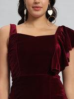 Shoulder Straps Velvet Ruffles Bodycon Midi Dress