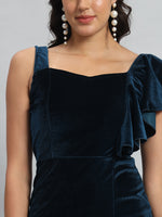 Shoulder Straps Velvet Ruffles Bodycon Midi Dress