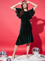 Women Flared Sleeves Velvet Drop-Waist Midi Dress With Ruffles Details