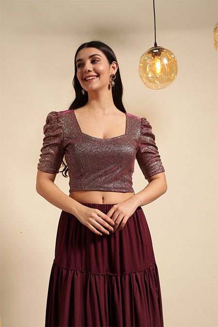 Metallic Shimmer Ruched Sleeve Top
