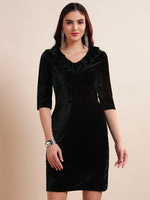 V-Neck Ruffles Detail Velvet Sheath Dress