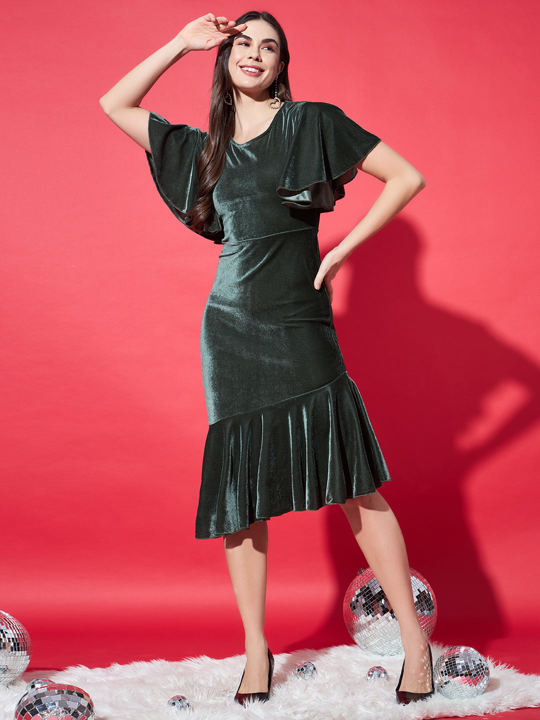 Women Flared Sleeves Velvet Drop-Waist Midi Dress With Ruffles Details