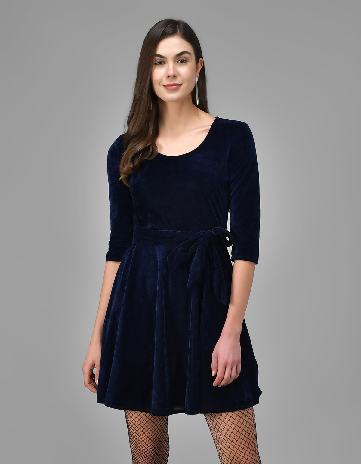 Tie-Ups Velvet A-Line Dress with Side Pockets