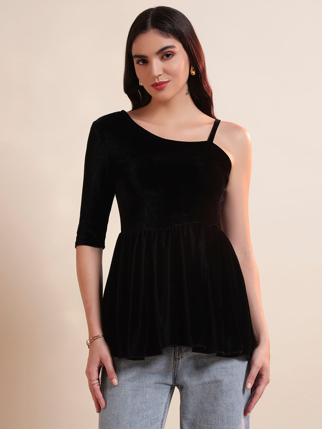 Solid One Shoulder Velvet Peplum Top