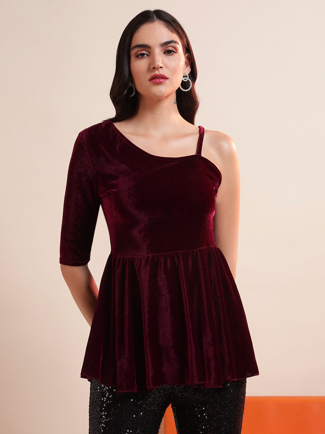 Solid One Shoulder Velvet Peplum Top