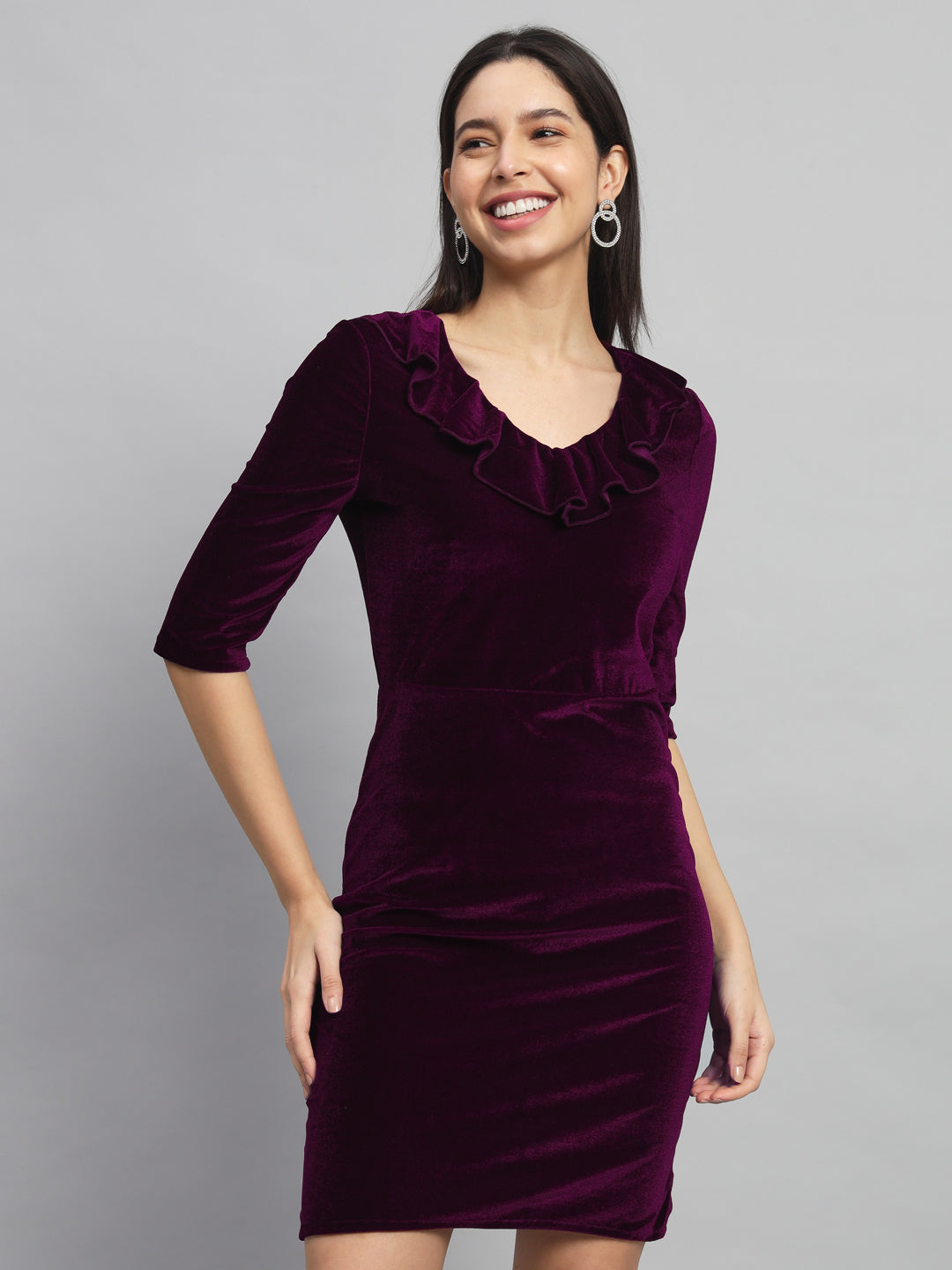 V-Neck Ruffles Detail Velvet Sheath Dress