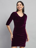 V-Neck Ruffles Detail Velvet Sheath Dress