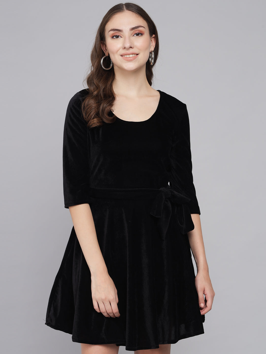 Tie-Ups Velvet A-Line Dress with Side Pockets