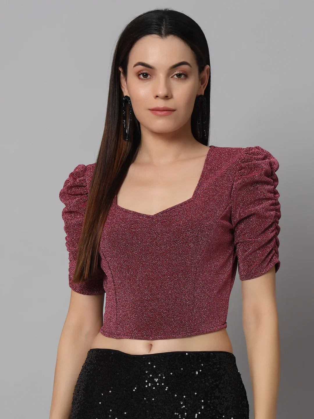 Lycra Party Puff Sleeves Shiny Readymade Blouse