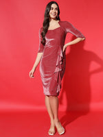 Vaararo Velvet Elegance Bodycon Dress for Women | Soft 3/4 Sleeve Partywear with Ruffle Detail