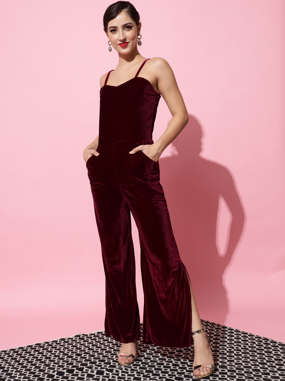 Shoulder Strapped Basic Velvet Jumpsuit