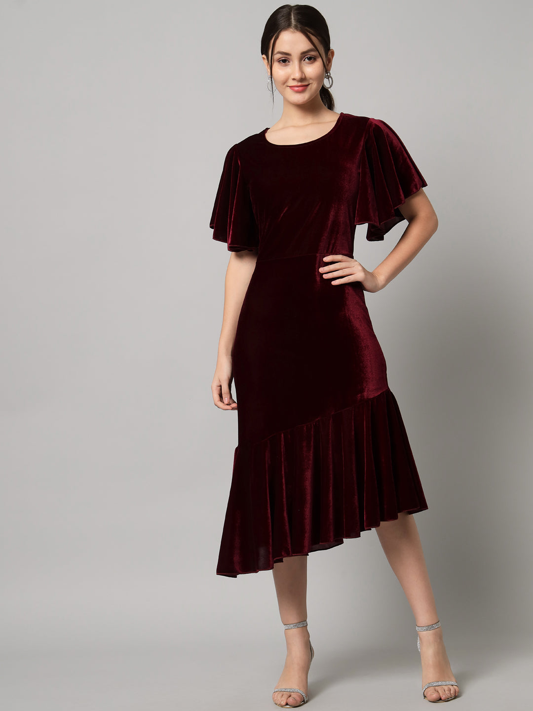 Women Flared Sleeves Velvet Drop-Waist Midi Dress With Ruffles Details