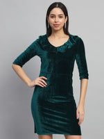 V-Neck Ruffles Detail Velvet Sheath Dress