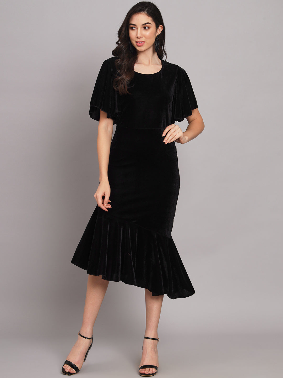 Women Flared Sleeves Velvet Drop-Waist Midi Dress With Ruffles Details