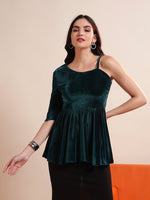 Solid One Shoulder Velvet Peplum Top