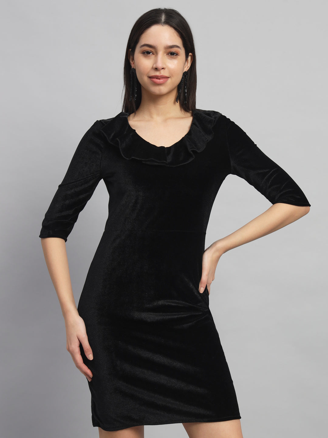 V-Neck Ruffles Detail Velvet Sheath Dress