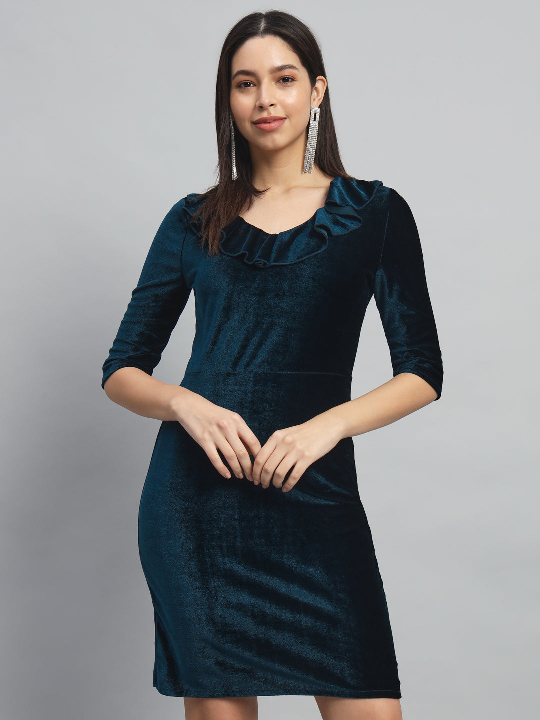 V-Neck Ruffles Detail Velvet Sheath Dress
