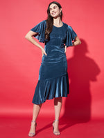 Women Flared Sleeves Velvet Drop-Waist Midi Dress With Ruffles Details