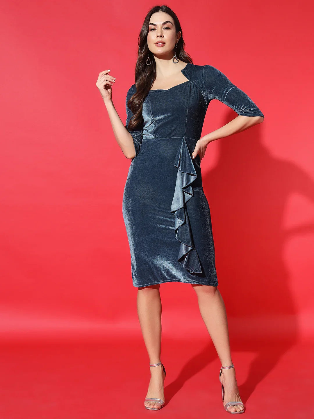 Vaararo Velvet Elegance Bodycon Dress for Women | Soft 3/4 Sleeve Partywear with Ruffle Detail