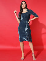 Vaararo Velvet Elegance Bodycon Dress for Women | Soft 3/4 Sleeve Partywear with Ruffle Detail