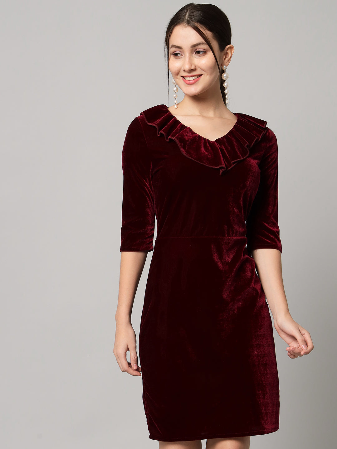 V-Neck Ruffles Detail Velvet Sheath Dress
