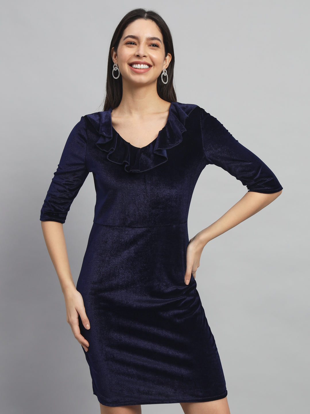 V-Neck Ruffles Detail Velvet Sheath Dress