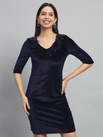 V-Neck Ruffles Detail Velvet Sheath Dress