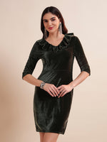 V-Neck Ruffles Detail Velvet Sheath Dress
