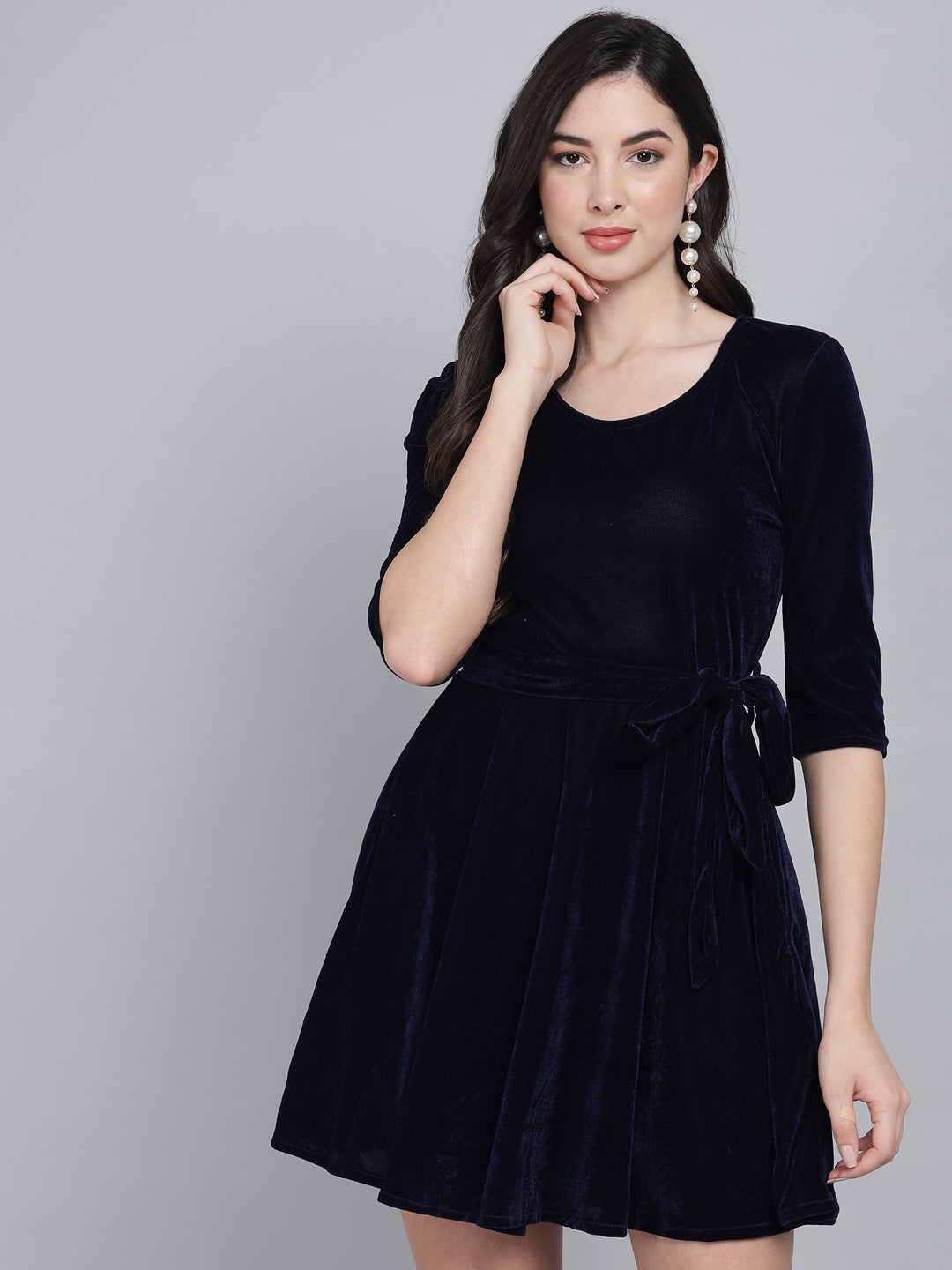 Tie-Ups Velvet A-Line Dress with Side Pockets
