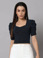 Lycra Party Puff Sleeves Shiny Readymade Blouse