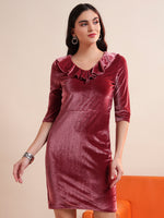 V-Neck Ruffles Detail Velvet Sheath Dress