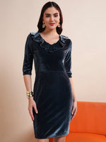 V-Neck Ruffles Detail Velvet Sheath Dress