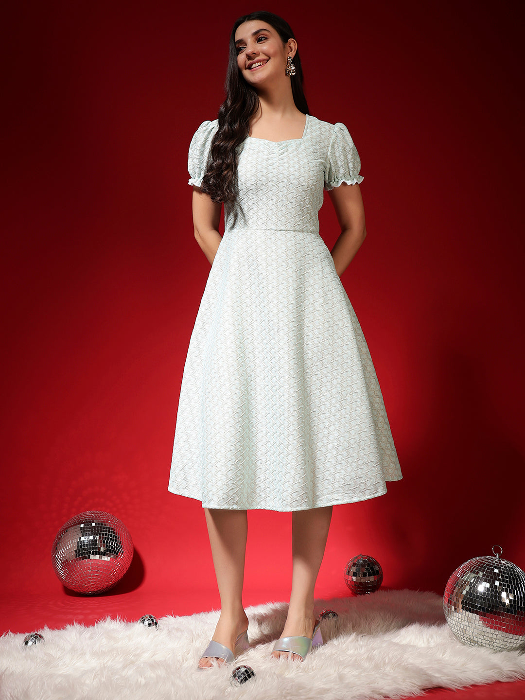 Textured Fit & Flare Midi Dress for Women with Two Side Pockets