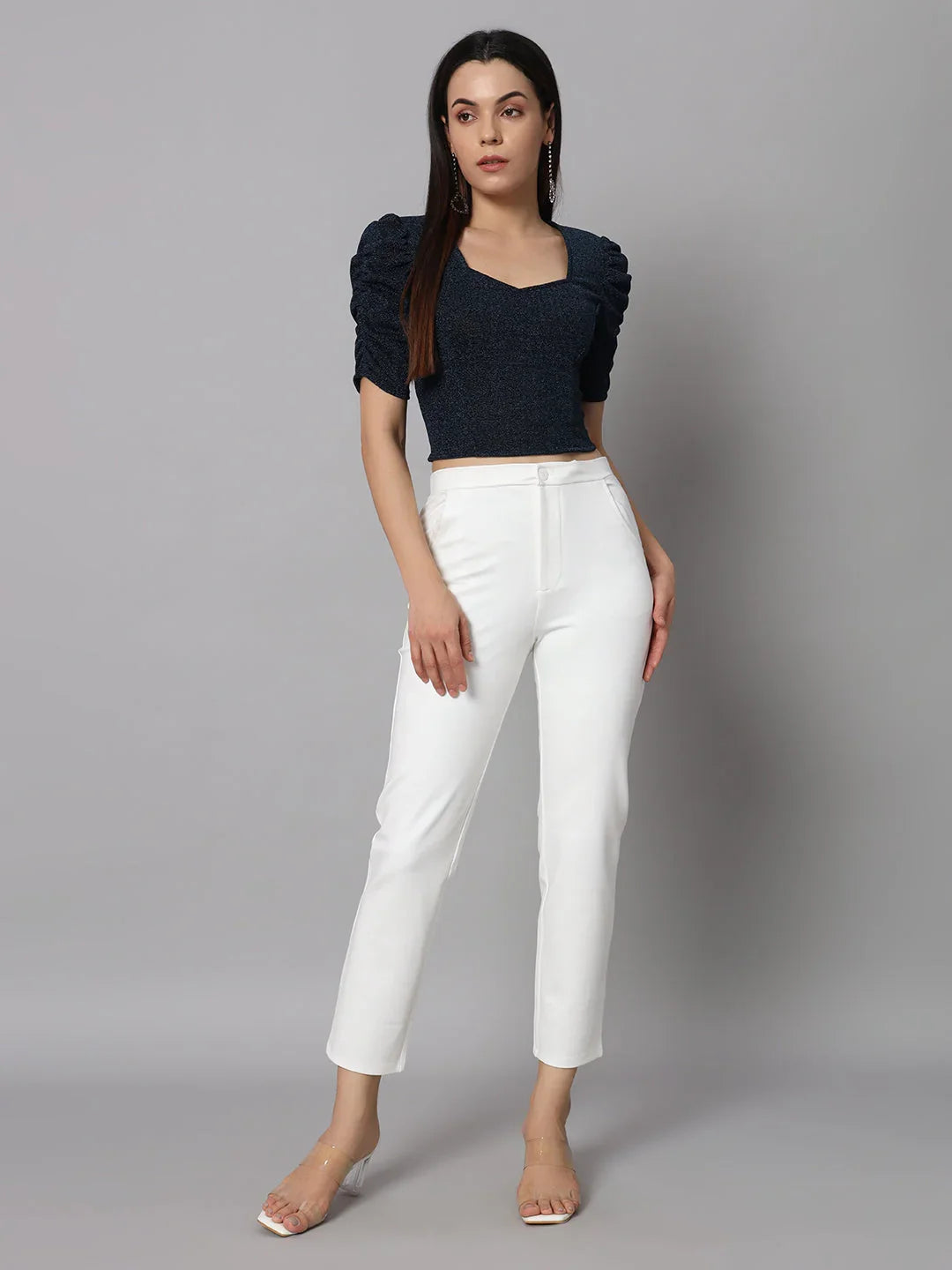 Lycra Party Puff Sleeves Shiny Readymade Blouse