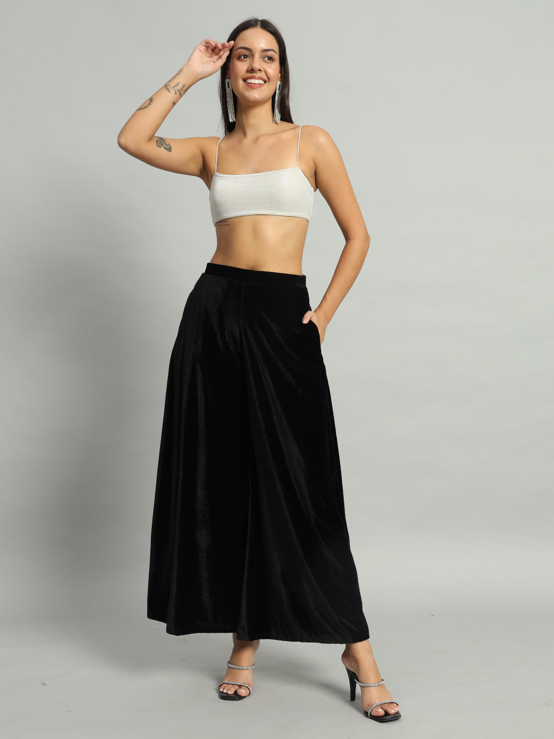 Women Velvet Wide Leg Palazzos Black