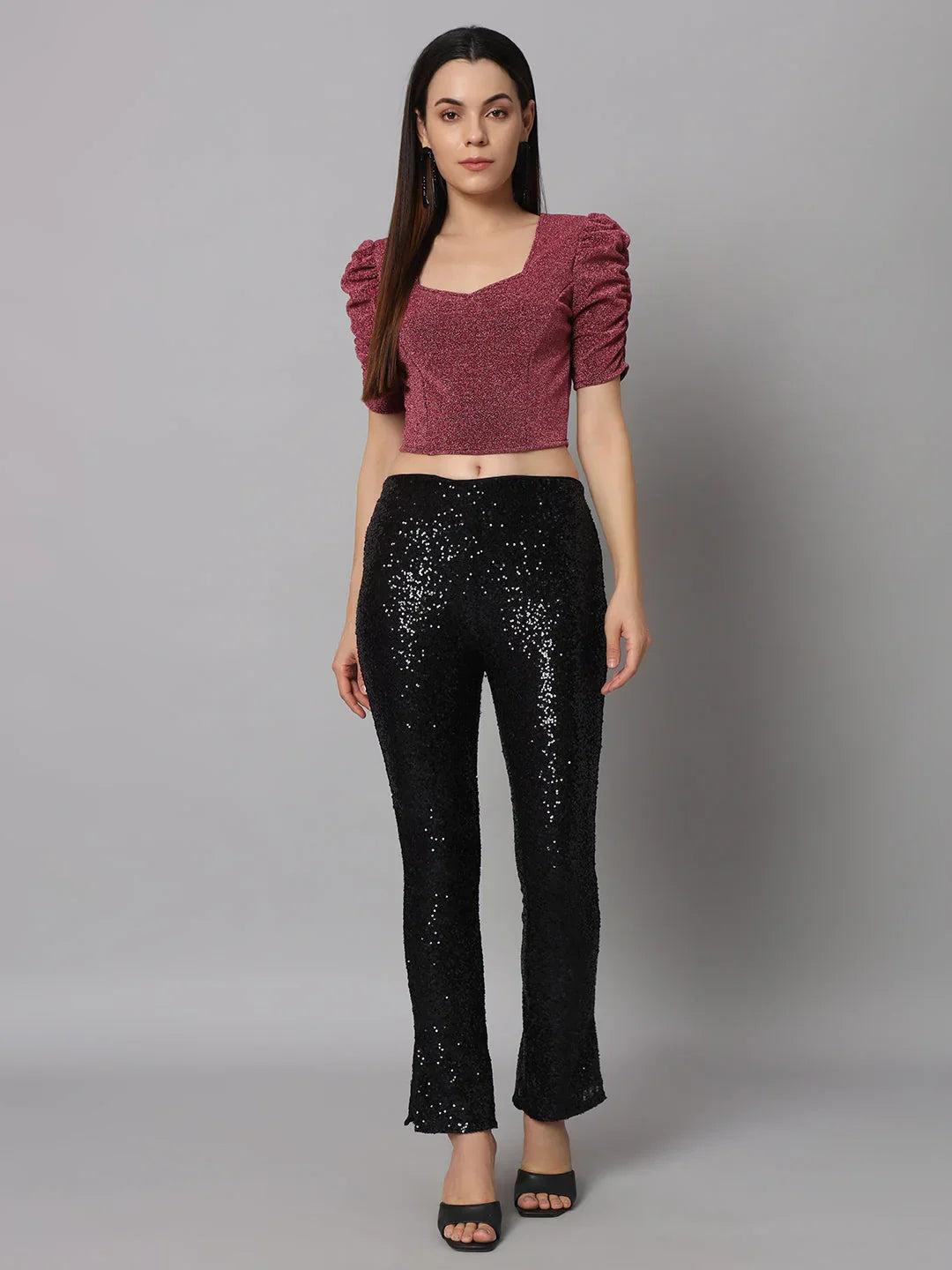 Lycra Party Puff Sleeves Shiny Readymade Blouse