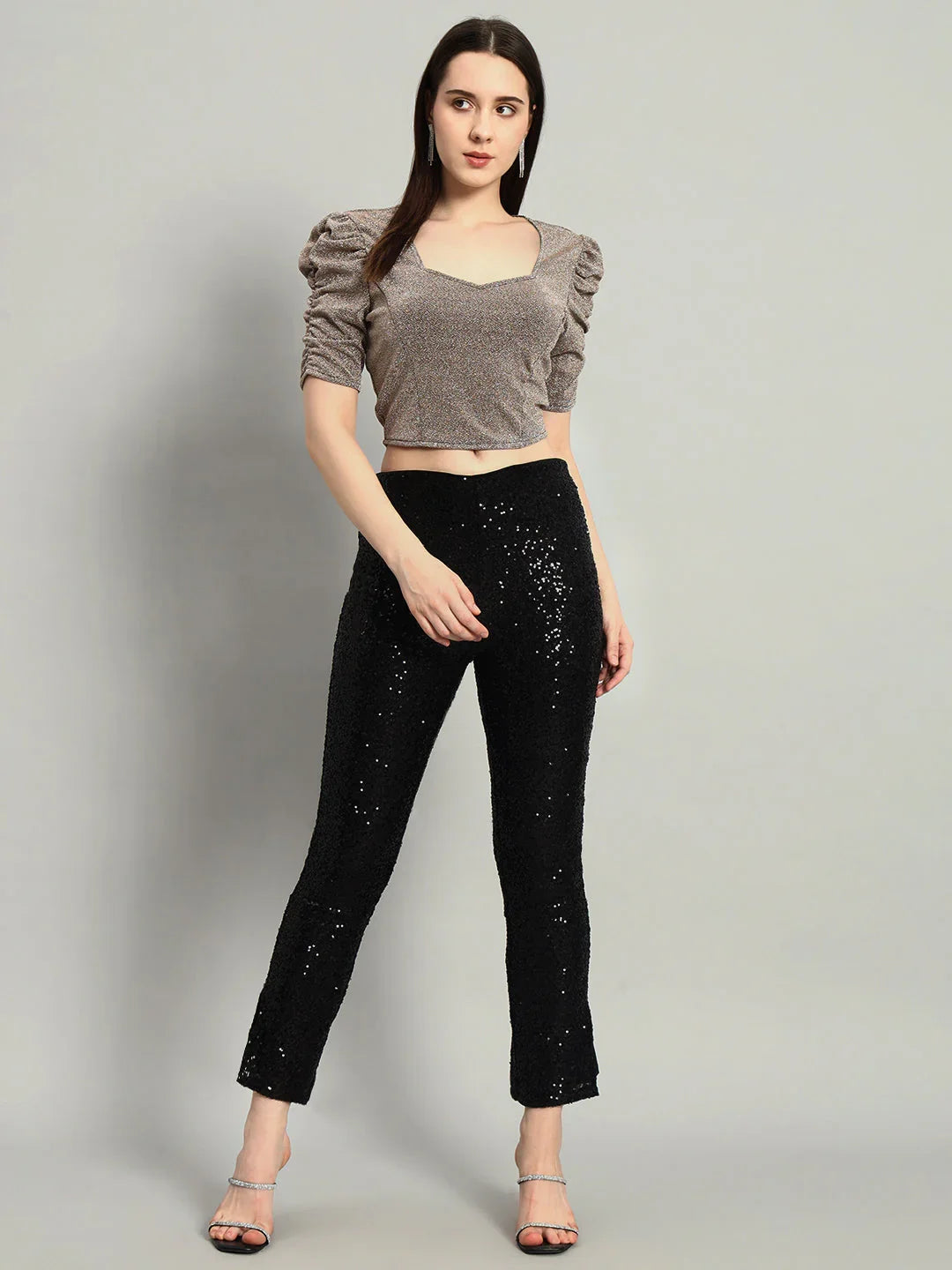 Lycra Party Puff Sleeves Shiny Readymade Blouse